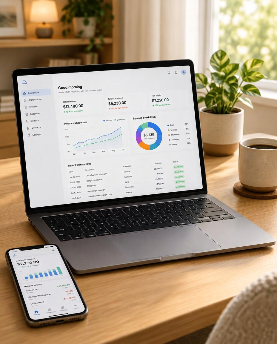 A laptop and phone showing a clean digital accounting dashboard on a tidy desk